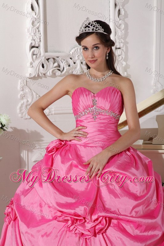 Rose Pink Sweetheart Hand Made Flowers Quinceanera Dress