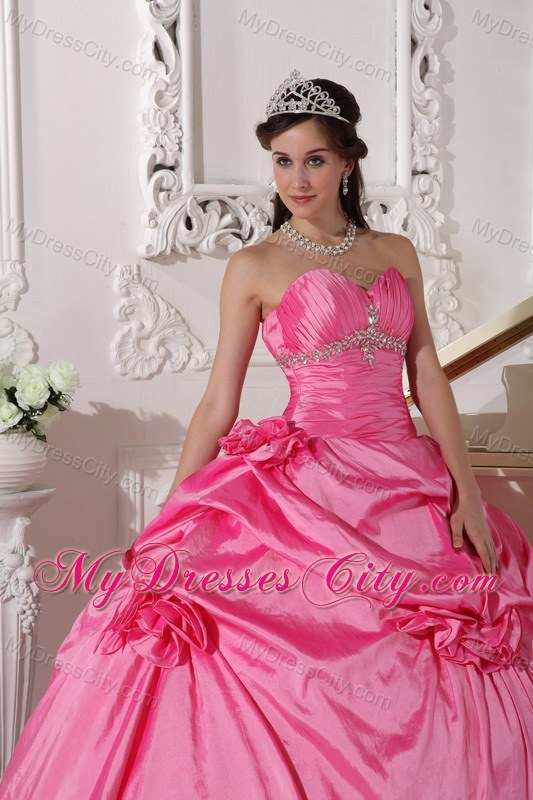 Rose Pink Sweetheart Hand Made Flowers Quinceanera Dress