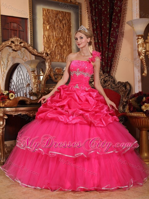 Coral One Shoulder Flower Organza Beading Dress for Sweet 15