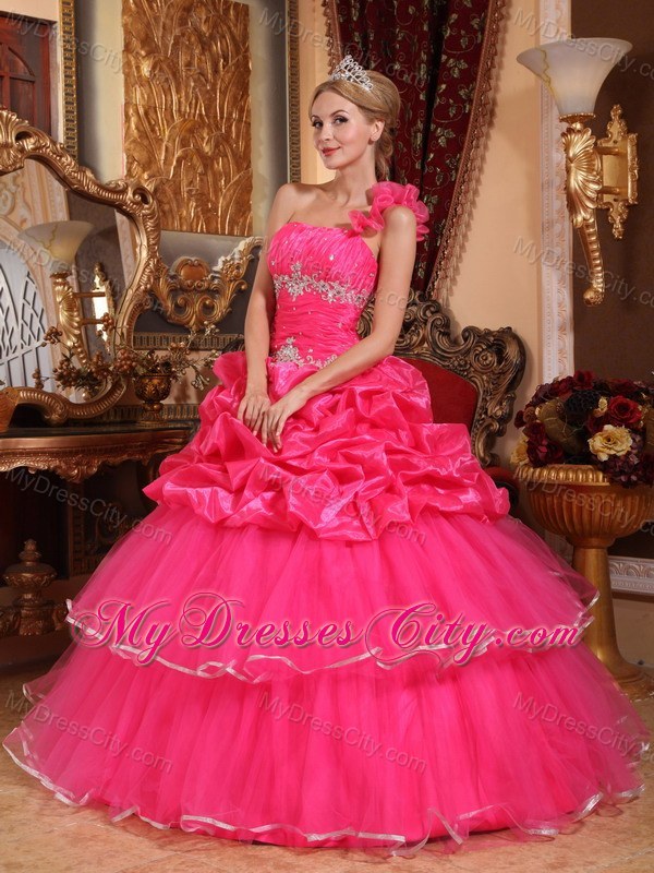 Coral One Shoulder Flower Organza Beading Dress for Sweet 15