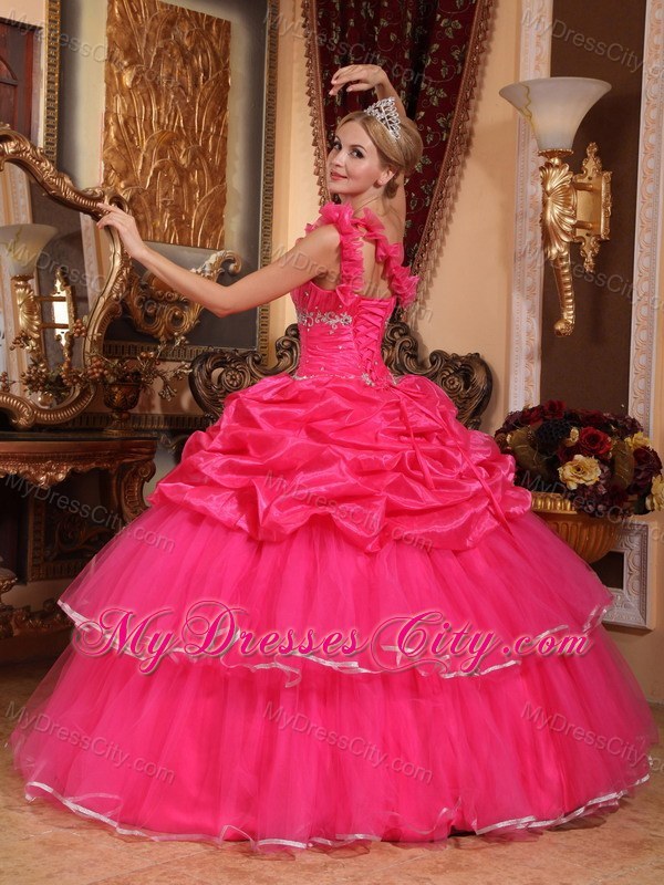 Coral One Shoulder Flower Organza Beading Dress for Sweet 15