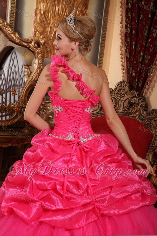 Coral One Shoulder Flower Organza Beading Dress for Sweet 15