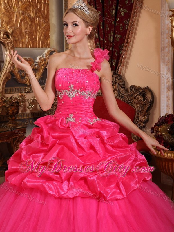 Coral One Shoulder Flower Organza Beading Dress for Sweet 15