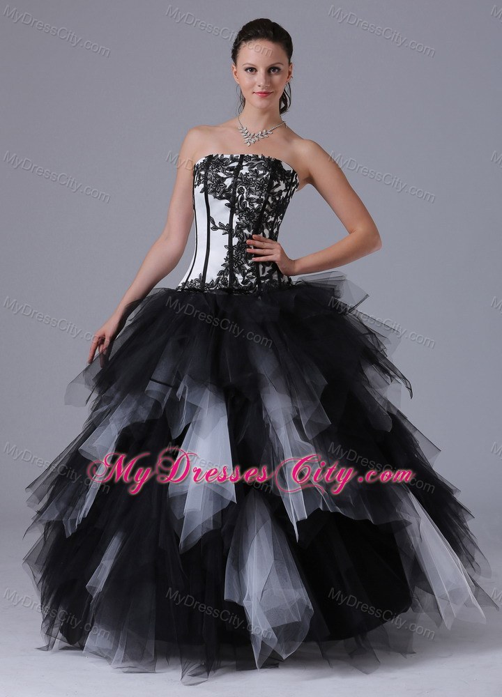 Black and White Tiered Quinceanera Dress With Embroidery