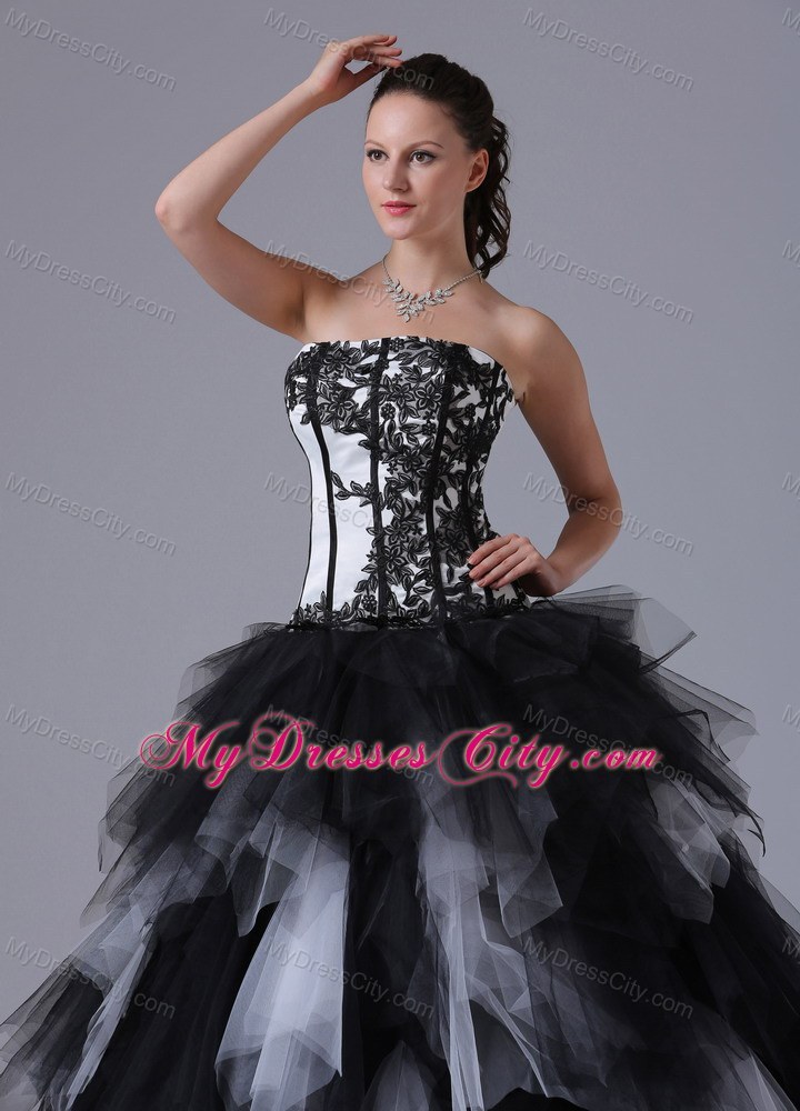 Black and White Tiered Quinceanera Dress With Embroidery