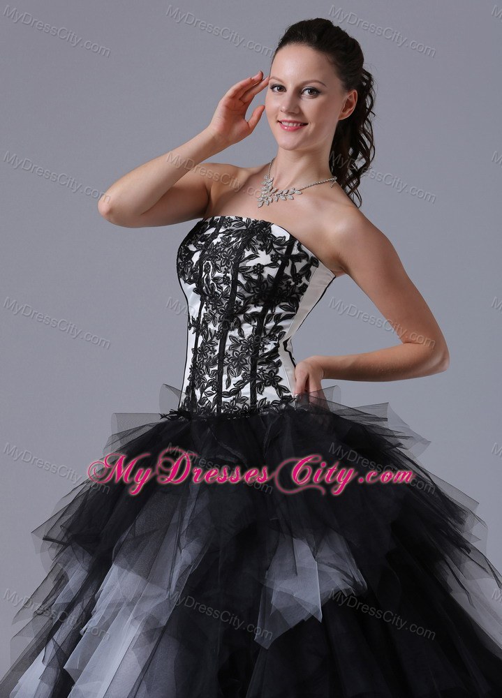 Black and White Tiered Quinceanera Dress With Embroidery