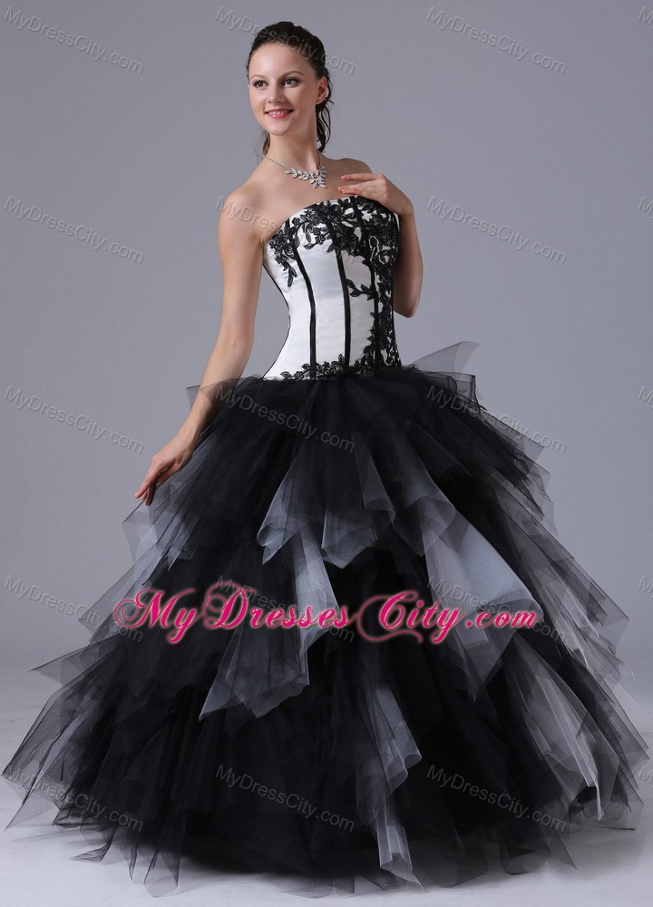 Black and White Tiered Quinceanera Dress With Embroidery