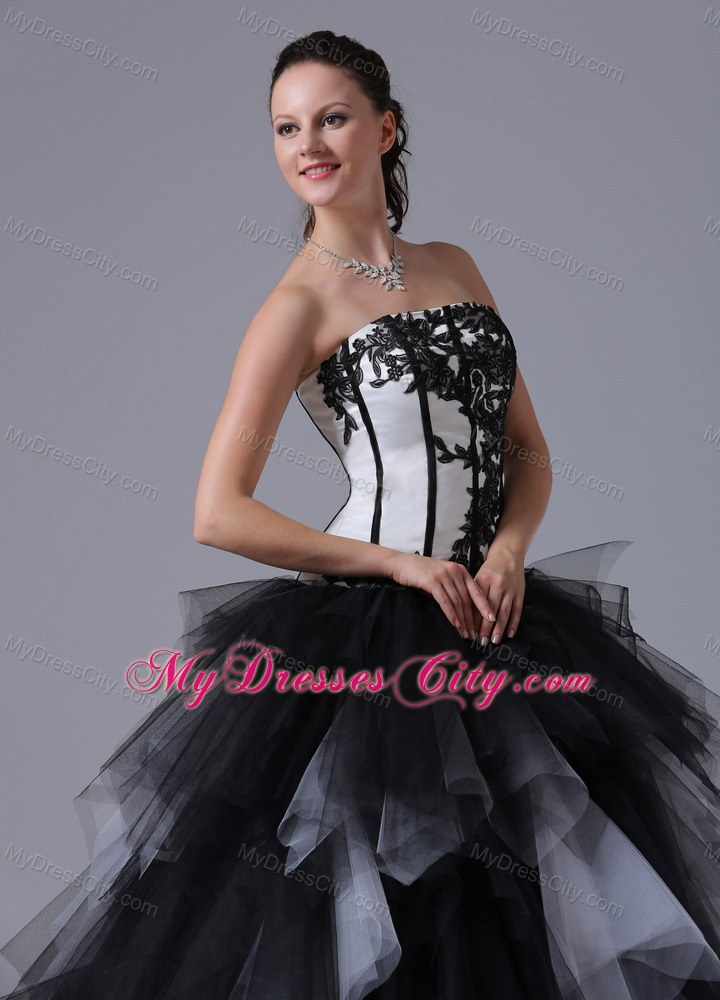 Black and White Tiered Quinceanera Dress With Embroidery