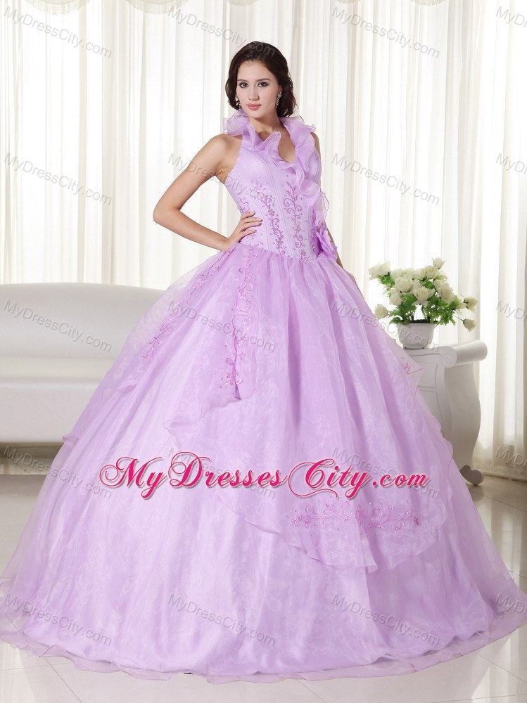 Lavender Floral V-neckline Embroidery Quinceanera Gowns