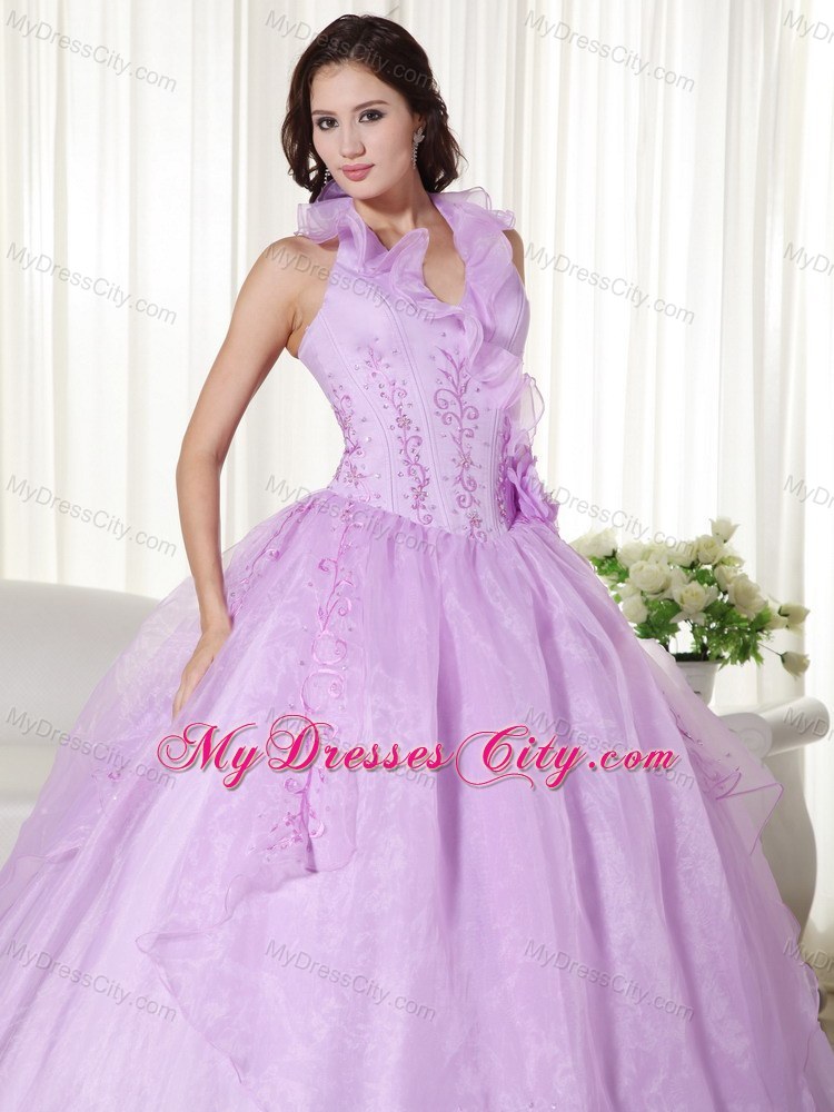 Lavender Floral V-neckline Embroidery Quinceanera Gowns