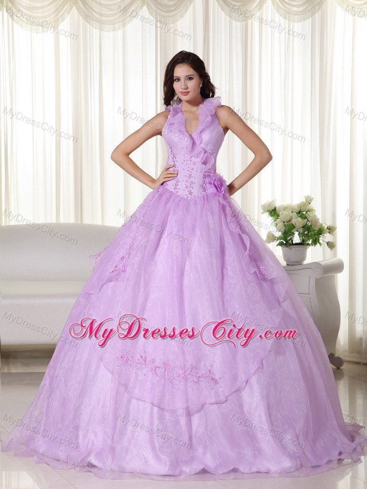 Lavender Floral V-neckline Embroidery Quinceanera Gowns