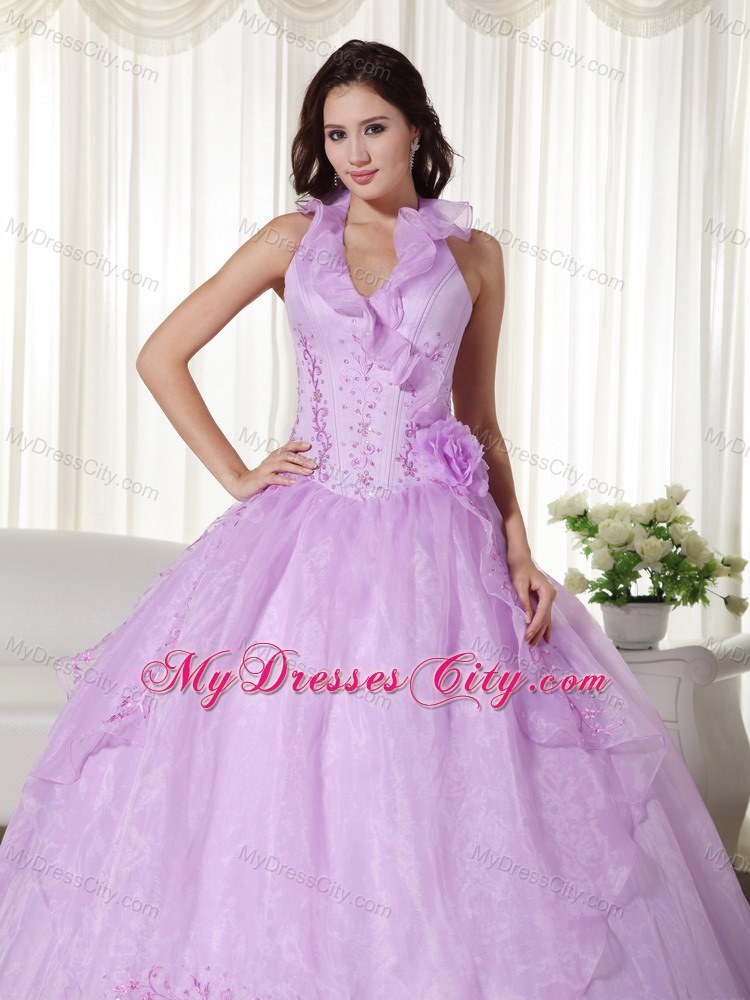 Lavender Floral V-neckline Embroidery Quinceanera Gowns