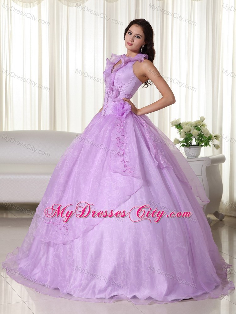 Lavender Floral V-neckline Embroidery Quinceanera Gowns