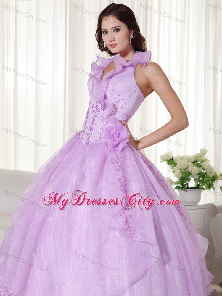 Lavender Floral V-neckline Embroidery Quinceanera Gowns