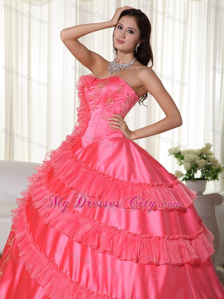 Strapless Embroidery Wholesale 2013 Coral Dress for Quinceanera