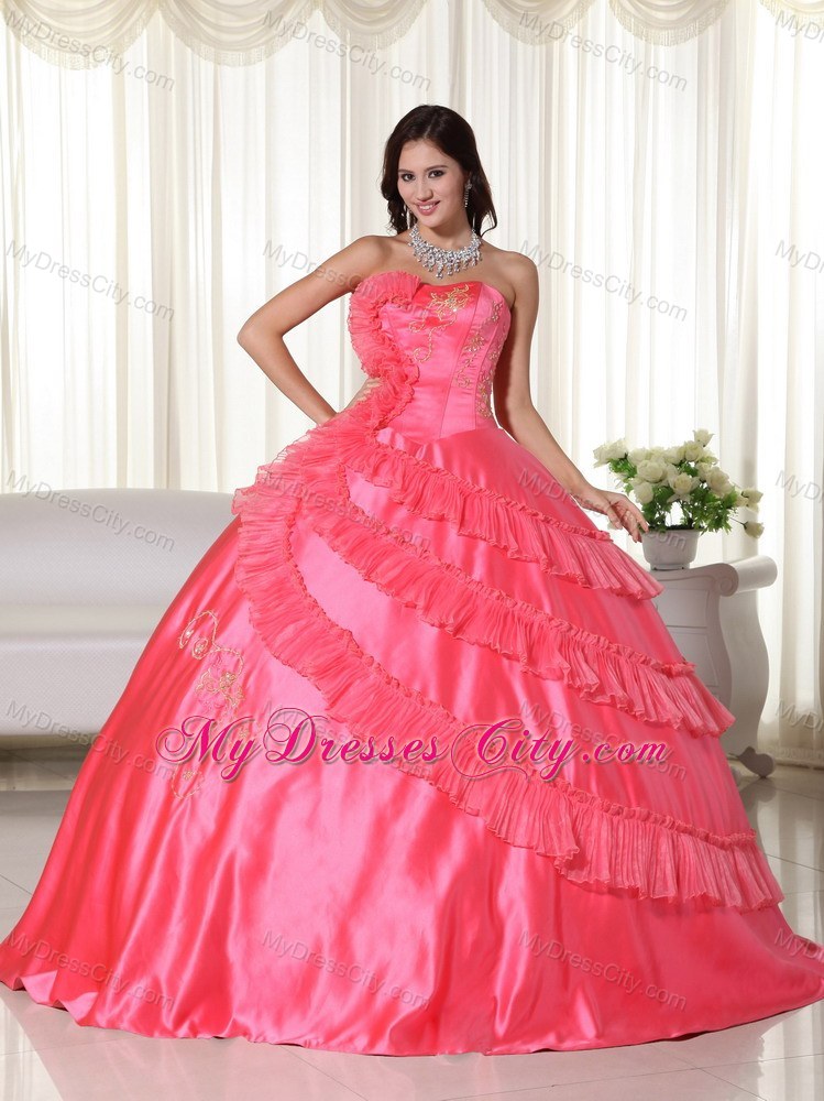 Strapless Embroidery Wholesale 2013 Coral Dress for Quinceanera