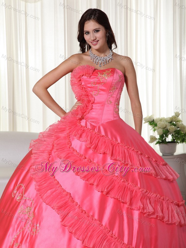 Strapless Embroidery Wholesale 2013 Coral Dress for Quinceanera