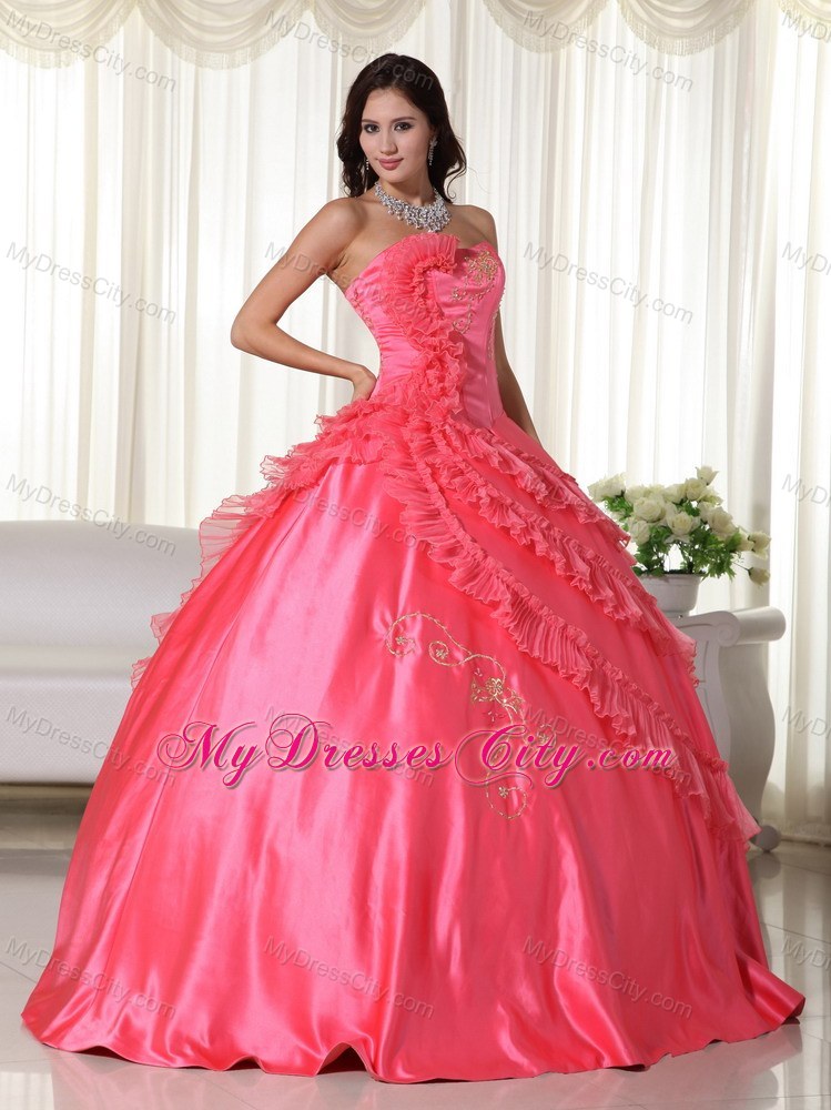 Strapless Embroidery Wholesale 2013 Coral Dress for Quinceanera