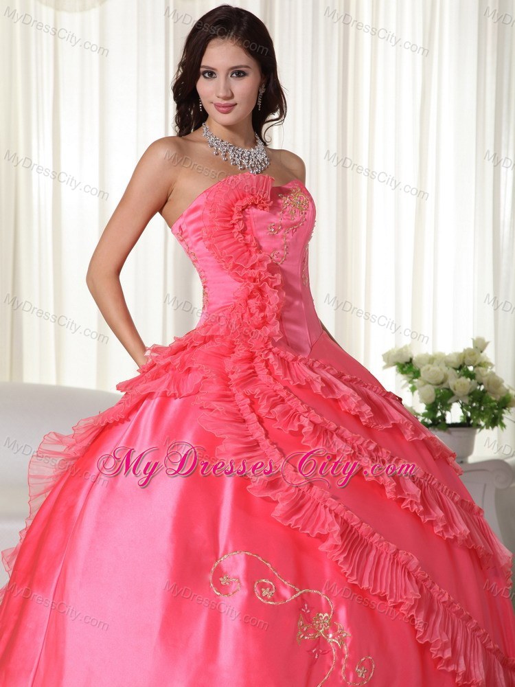 Strapless Embroidery Wholesale 2013 Coral Dress for Quinceanera