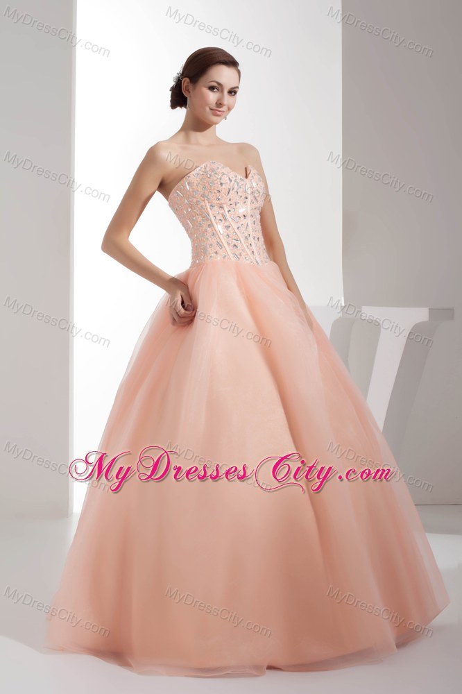 Sweetheart Rhinestone Peach Tulle Design 2013 Quinceanera Dress