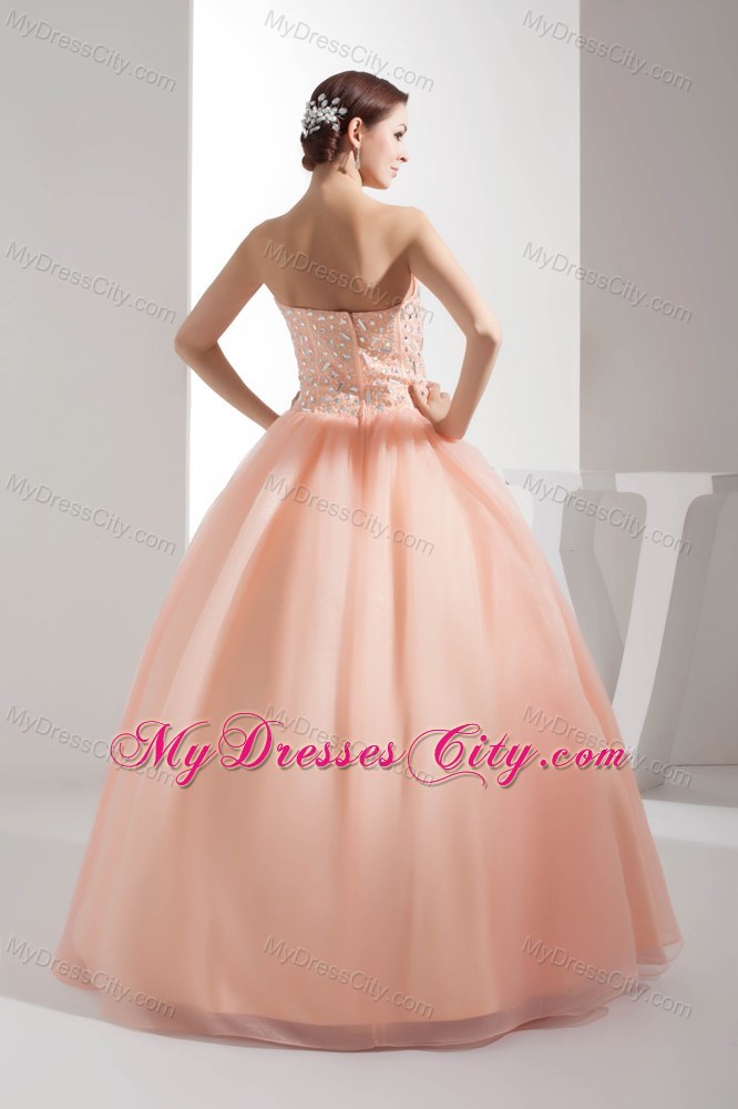 Sweetheart Rhinestone Peach Tulle Design 2013 Quinceanera Dress