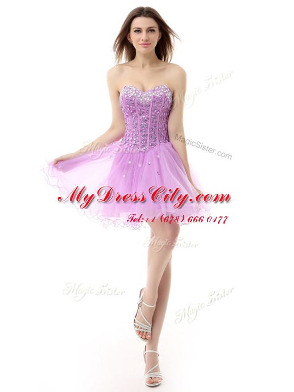 New Arrival Lilac A-line Organza Sweetheart Sleeveless Beading Knee Length Lace Up Prom Gown