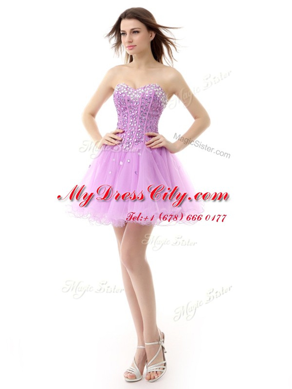 New Arrival Lilac A-line Organza Sweetheart Sleeveless Beading Knee Length Lace Up Prom Gown