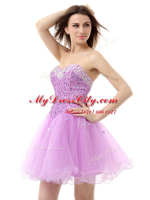 New Arrival Lilac A-line Organza Sweetheart Sleeveless Beading Knee Length Lace Up Prom Gown