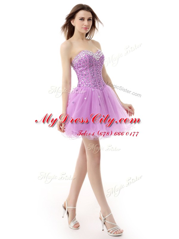 New Arrival Lilac A-line Organza Sweetheart Sleeveless Beading Knee Length Lace Up Prom Gown