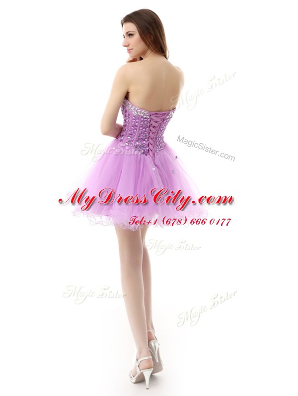 New Arrival Lilac A-line Organza Sweetheart Sleeveless Beading Knee Length Lace Up Prom Gown