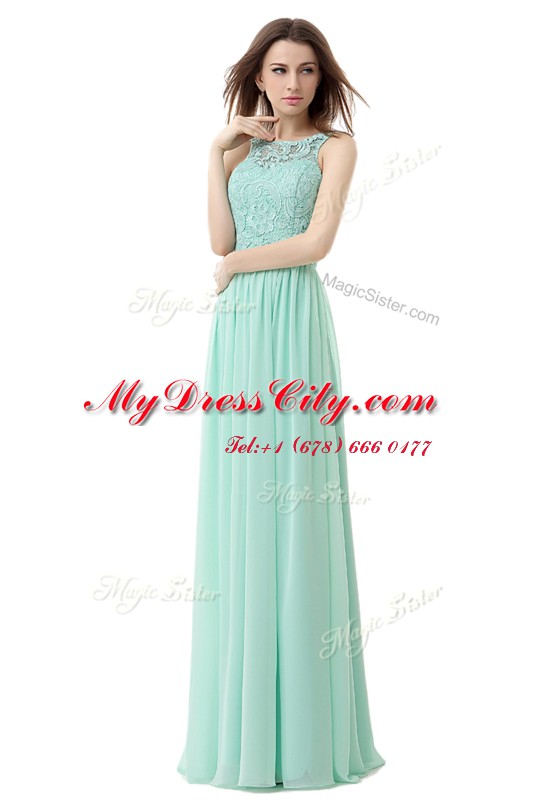 Sweet Scoop Floor Length Zipper Prom Party Dress Apple Green for Prom with Ruffles