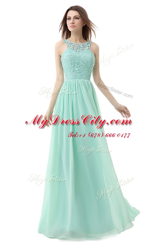 Sweet Scoop Floor Length Zipper Prom Party Dress Apple Green for Prom with Ruffles