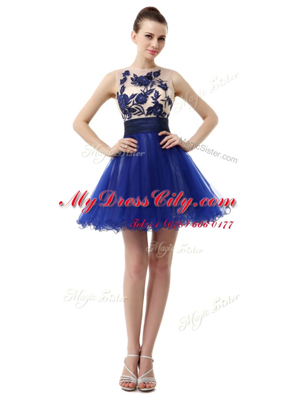 Delicate Royal Blue Clasp Handle Scoop Appliques Prom Evening Gown Organza Sleeveless