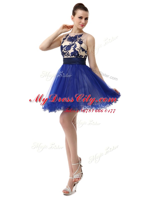 Delicate Royal Blue Clasp Handle Scoop Appliques Prom Evening Gown Organza Sleeveless