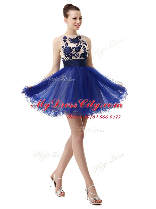 Delicate Royal Blue Clasp Handle Scoop Appliques Prom Evening Gown Organza Sleeveless