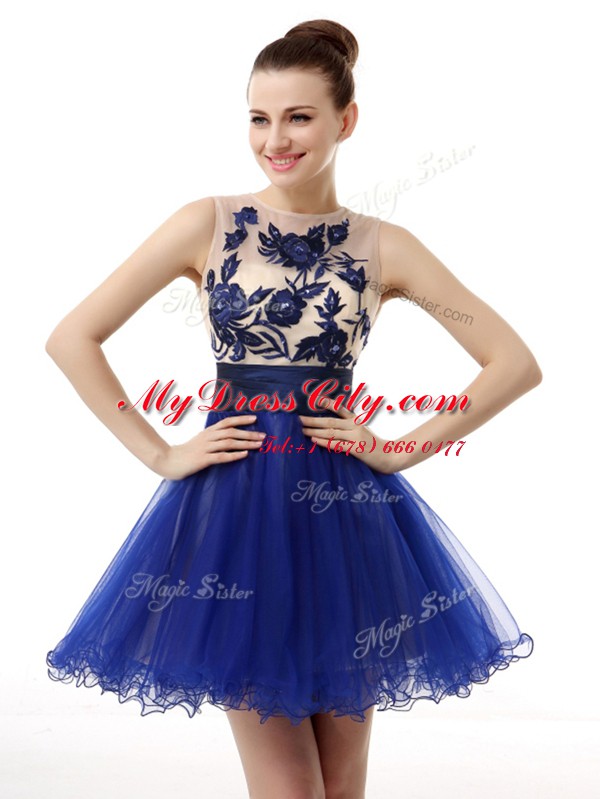 Delicate Royal Blue Clasp Handle Scoop Appliques Prom Evening Gown Organza Sleeveless