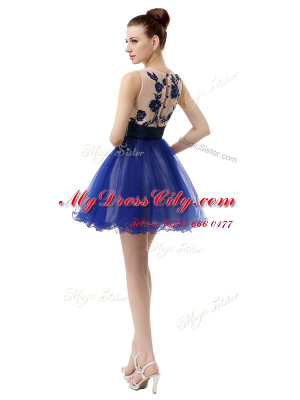 Delicate Royal Blue Clasp Handle Scoop Appliques Prom Evening Gown Organza Sleeveless