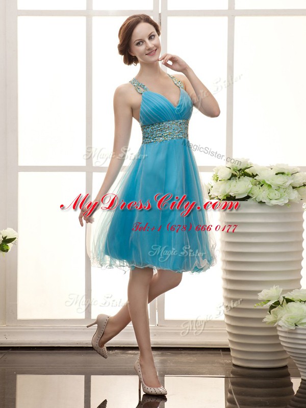 Aqua Blue Straps Zipper Beading Prom Evening Gown Sleeveless