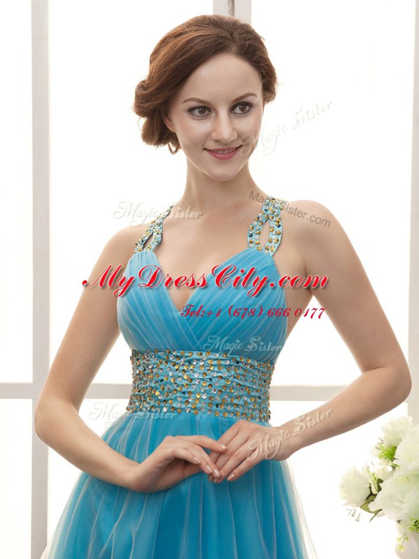 Aqua Blue Straps Zipper Beading Prom Evening Gown Sleeveless