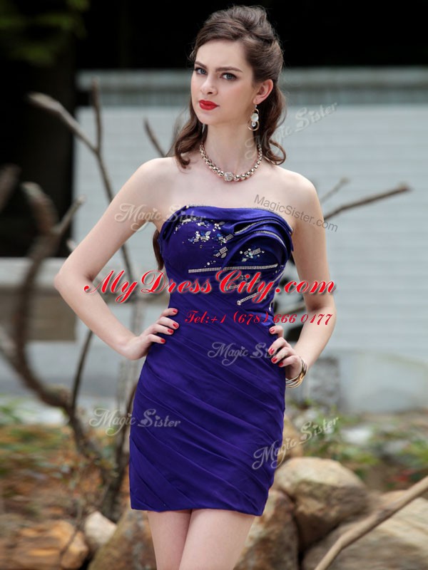 Beading and Ruching Prom Party Dress Royal Blue Backless Sleeveless Mini Length