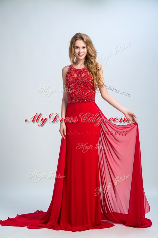 Scoop Red Sleeveless Chiffon Court Train Side Zipper Prom Party Dress for Prom and Party