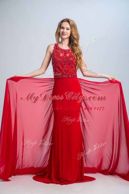 Scoop Red Sleeveless Chiffon Court Train Side Zipper Prom Party Dress for Prom and Party