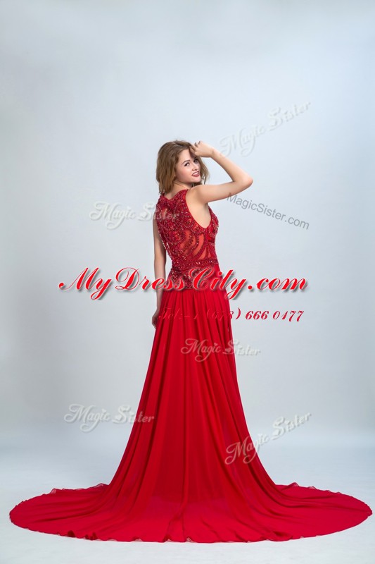 Scoop Red Sleeveless Chiffon Court Train Side Zipper Prom Party Dress for Prom and Party