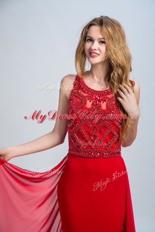 Scoop Red Sleeveless Chiffon Court Train Side Zipper Prom Party Dress for Prom and Party