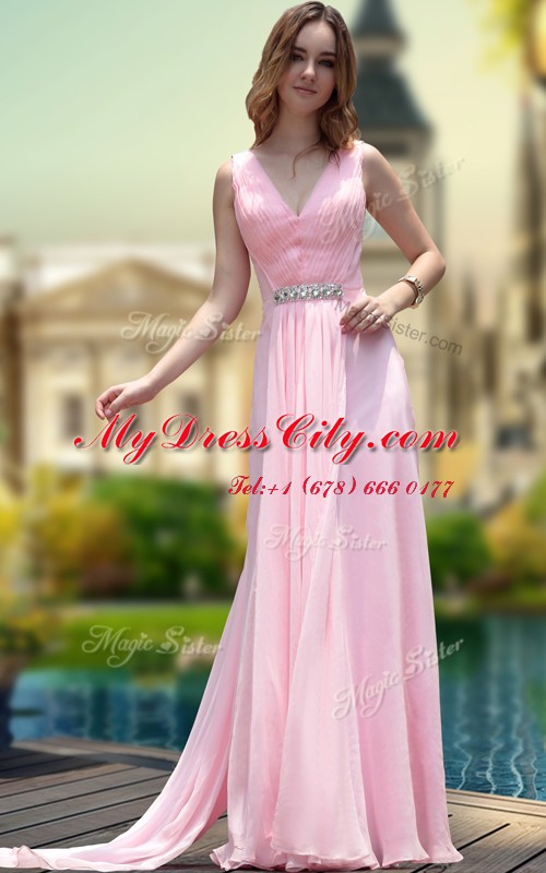 V-neck Sleeveless Zipper Pink Chiffon