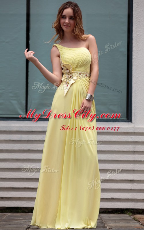 One Shoulder Sleeveless Prom Dress Floor Length Beading Light Yellow Chiffon