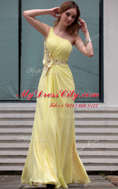 One Shoulder Sleeveless Prom Dress Floor Length Beading Light Yellow Chiffon