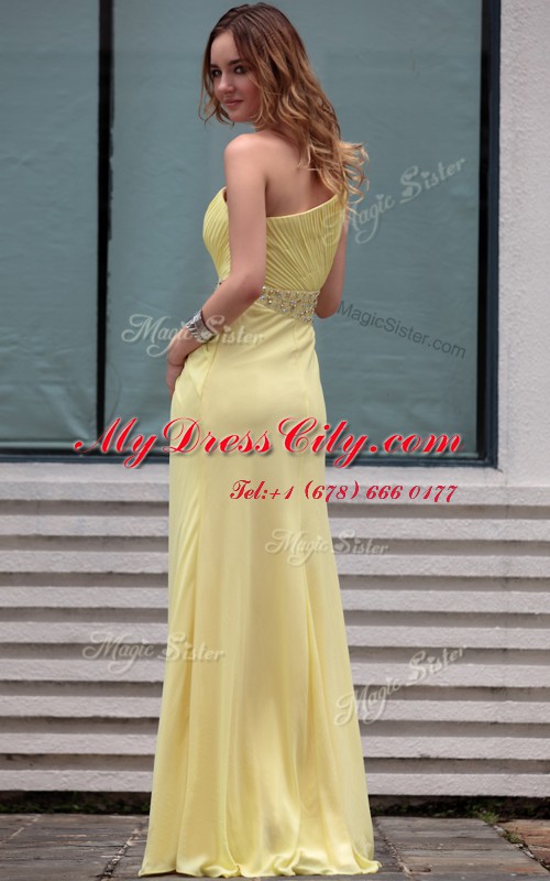 One Shoulder Sleeveless Prom Dress Floor Length Beading Light Yellow Chiffon