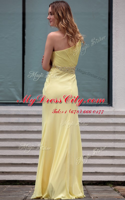 One Shoulder Sleeveless Prom Dress Floor Length Beading Light Yellow Chiffon