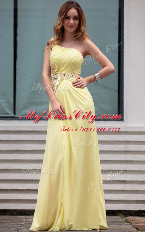 One Shoulder Sleeveless Prom Dress Floor Length Beading Light Yellow Chiffon